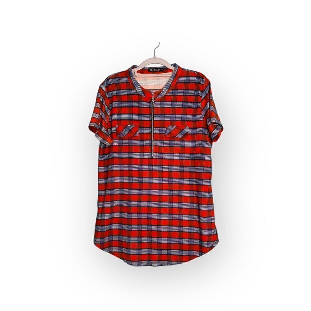 Zennilo plaid half zip shirt sleeve tunic women’s size 1x orange
